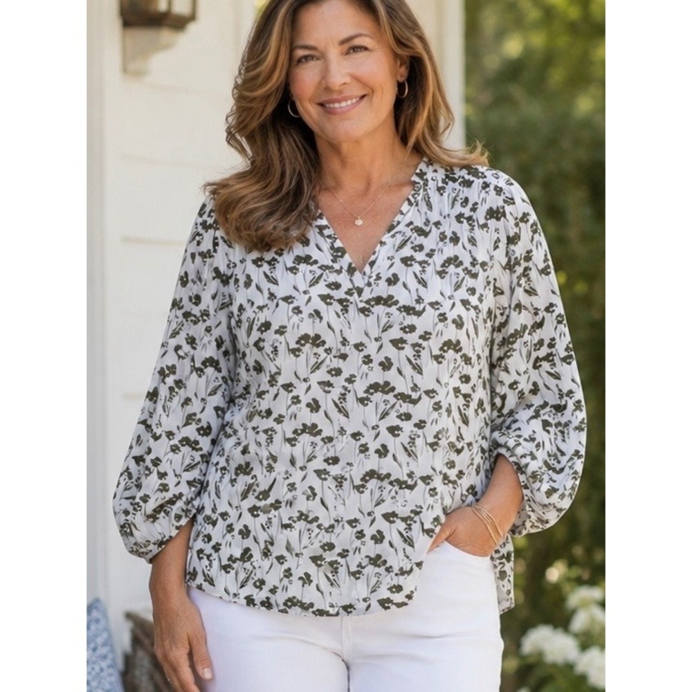 Monday Fun White Olive Floral V-Neck Blouse 2X Balloon Sleeve Boho Top Office